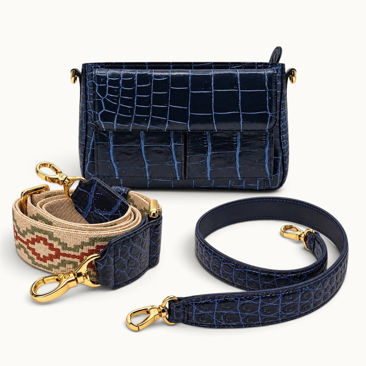 The Alderley Crocodile Shoulder Bag with detachable crocodile leather strap and adjustable woven strap with gold-tone hardware