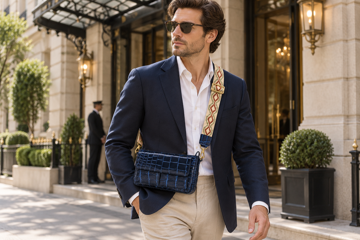 Man wearing The Alderley Crocodile Shoulder Bag crossbody with the adjustable woven strap in an upscale city setting