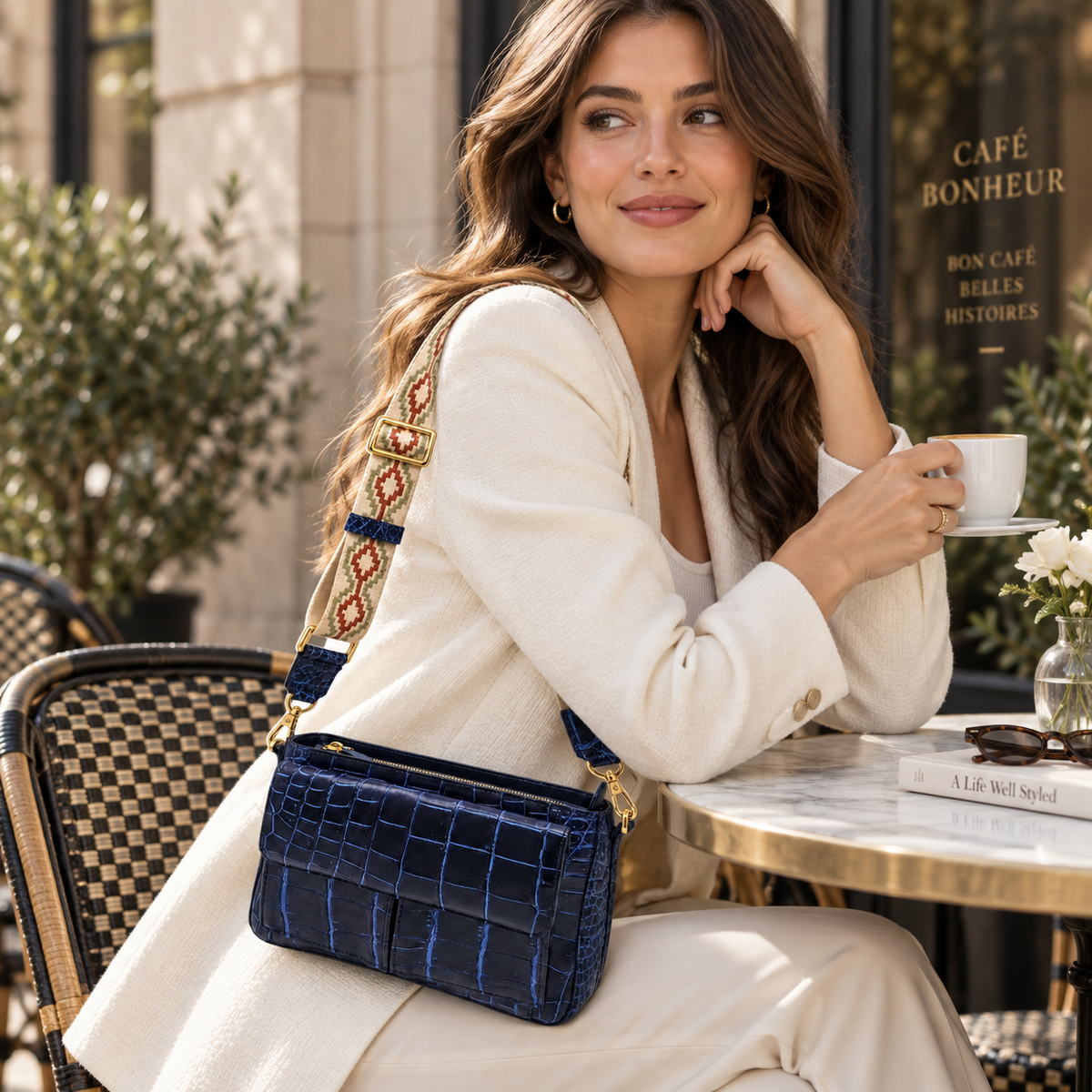 Woman wearing The Alderley two-tone blue crocodile bag with the woven shoulder strap outside an elegant café.
