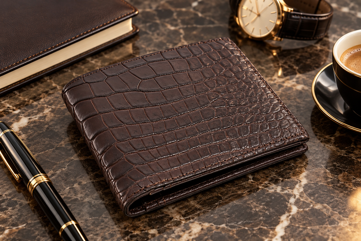 The Ashford brown crocodile bifold wallet on a polished marble table with a luxury pen, watch, notebook, and coffee, highlighting its rich scale pattern and refined everyday style.