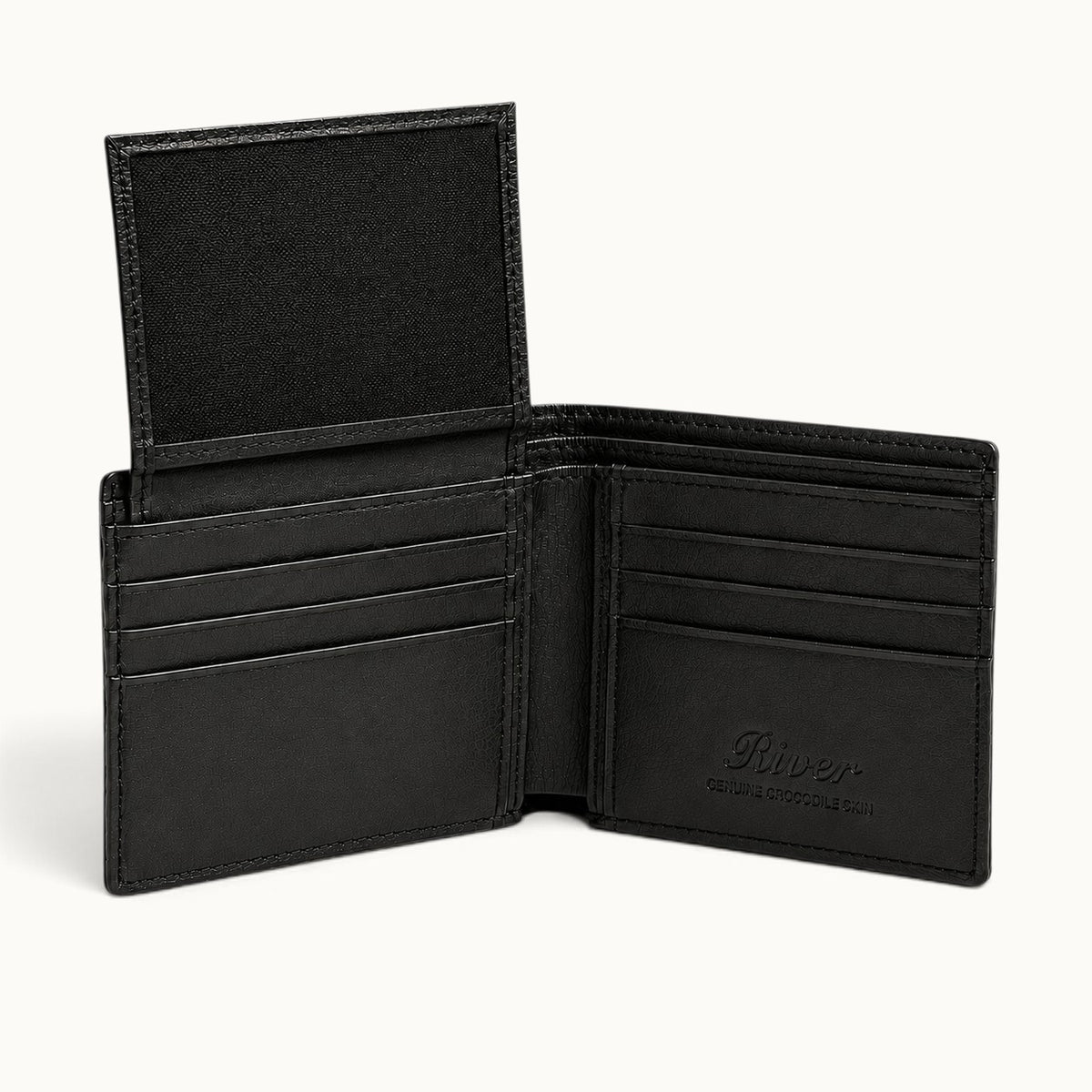 Open interior of The Ashford handcrafted crocodile bifold wallet with premium full-grain calf leather, dual mesh ID windows, six card slots, and two bill compartments.