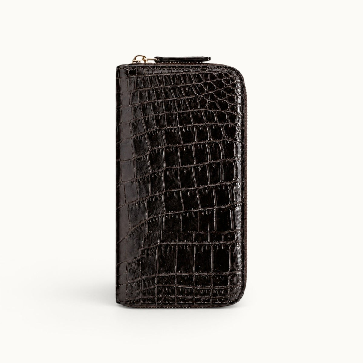 Belvedere Siamese crocodile zip-around wallet in Nicotine Brown with gold-tone hardware