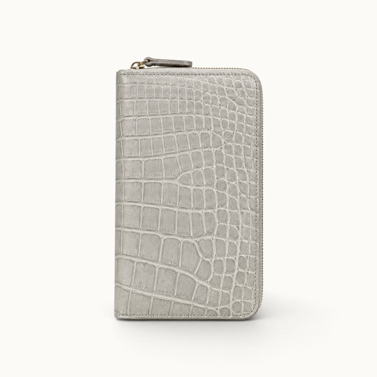 Belvedere Siamese crocodile zip-around wallet in Stone Gray with gold-tone hardware