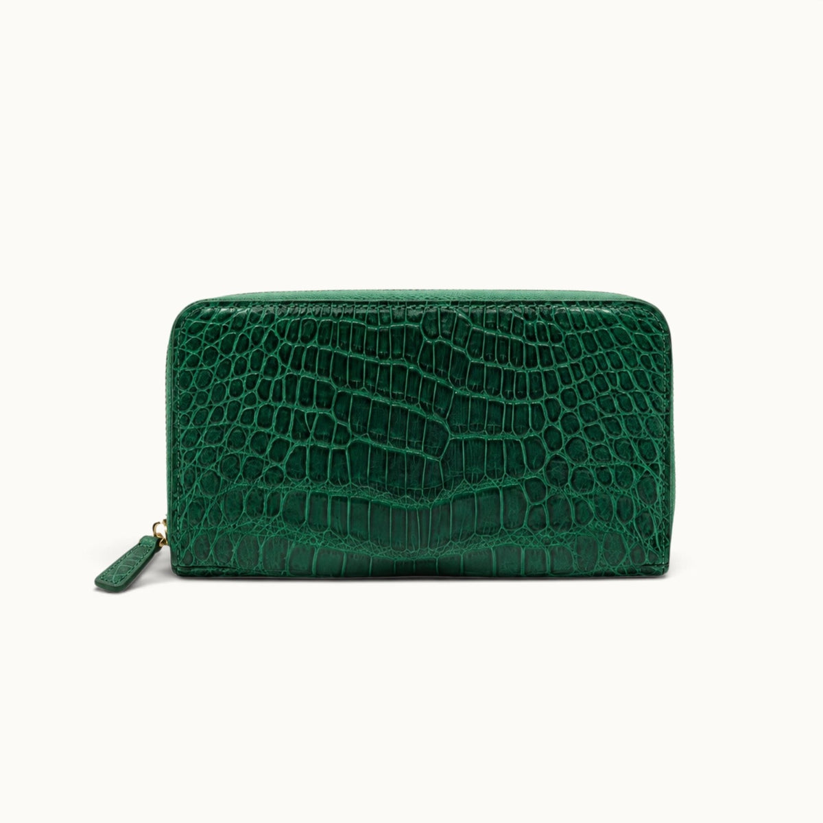 Back view of the Belvedere Siamese crocodile zip-around wallet in Emerald Green showing the natural crocodile scale pattern