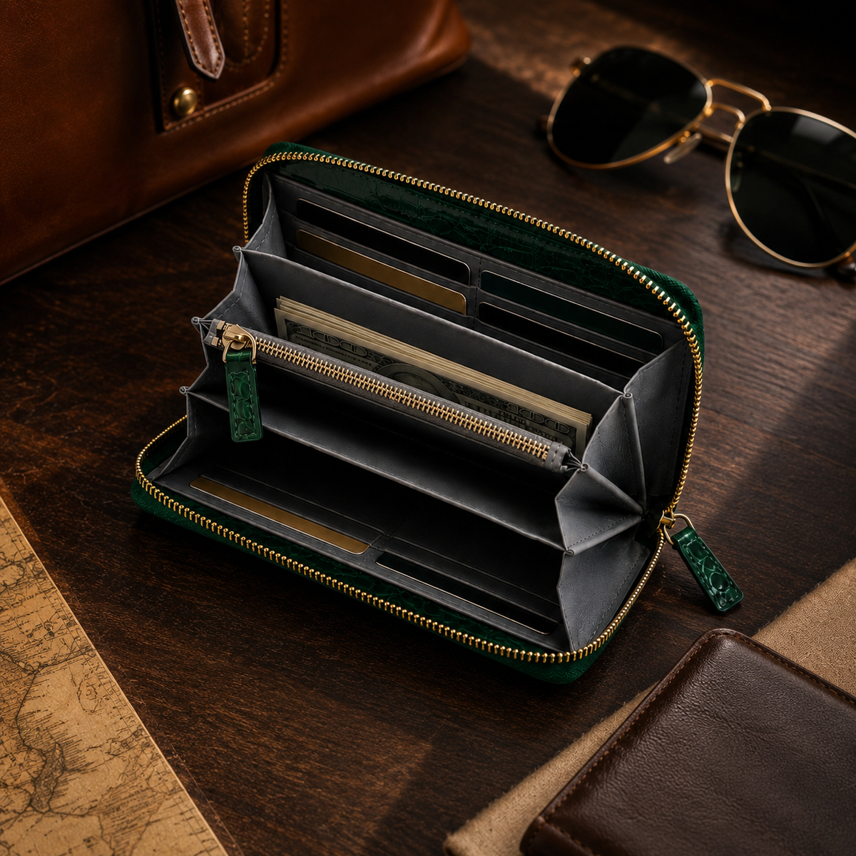 Belvedere Emerald Green Siamese crocodile zip-around wallet open with cards and cash, showing its organized interior capacity, gray lambskin lining, and gold-tone zipper.