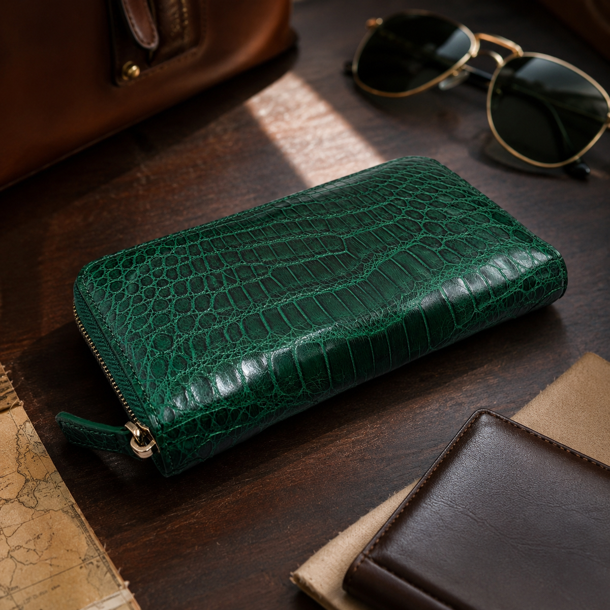 Belvedere Emerald Green Siamese crocodile zip-around wallet styled on a dark wood travel desk with sunglasses and refined leather accessories.