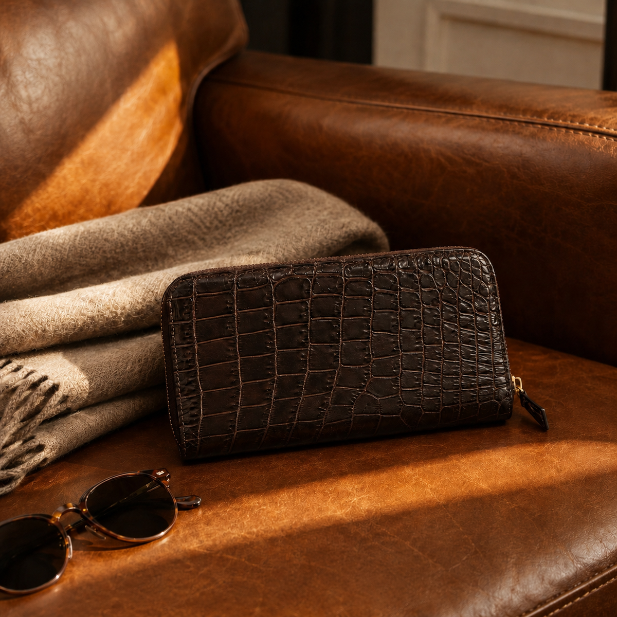 Belvedere Nicotine Brown Siamese crocodile zip-around wallet styled on a warm leather chair with sunglasses and a soft neutral throw.
