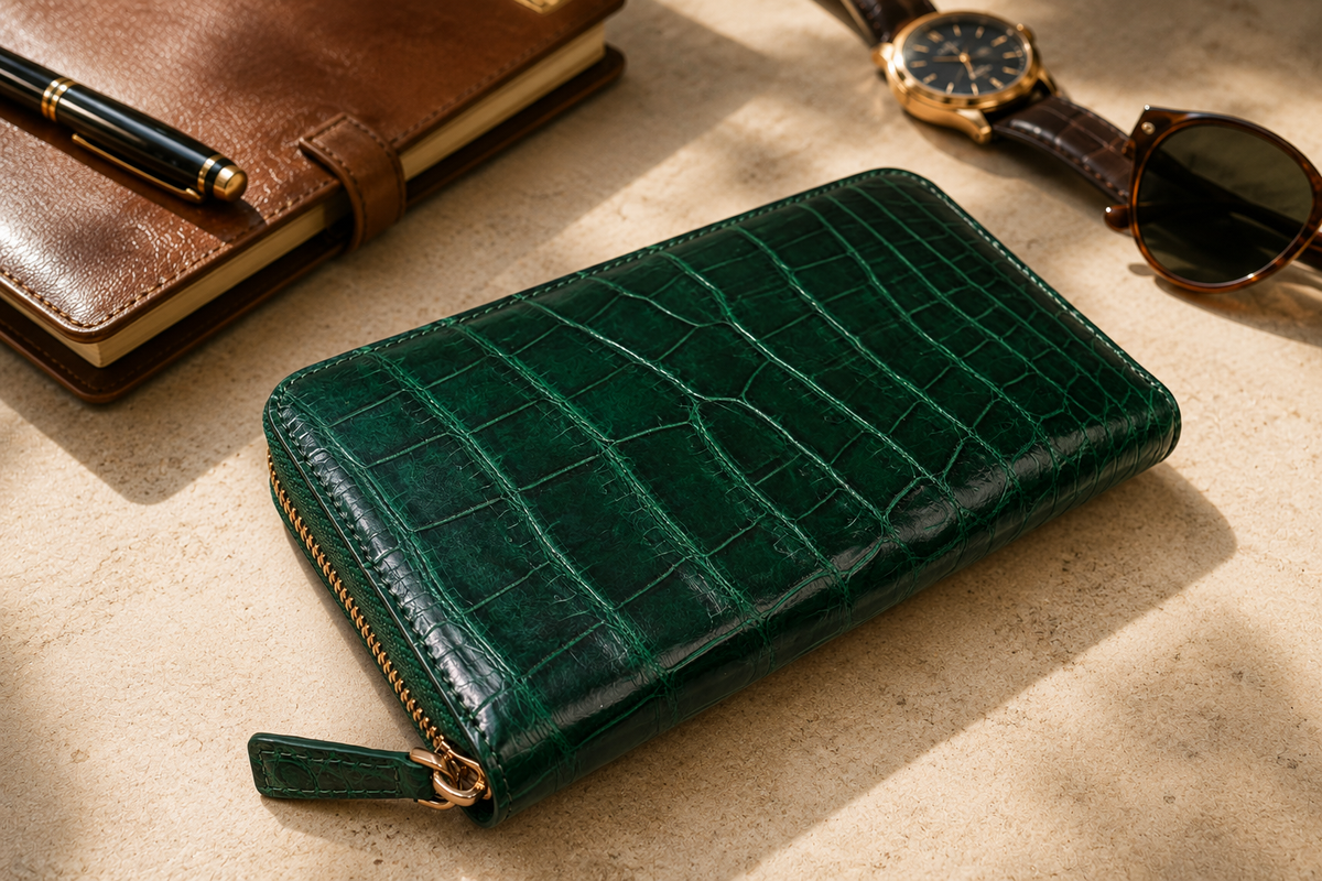 Belvedere Siamese crocodile zip-around wallet in Emerald Green styled with a leather journal, fountain pen, watch, and sunglasses