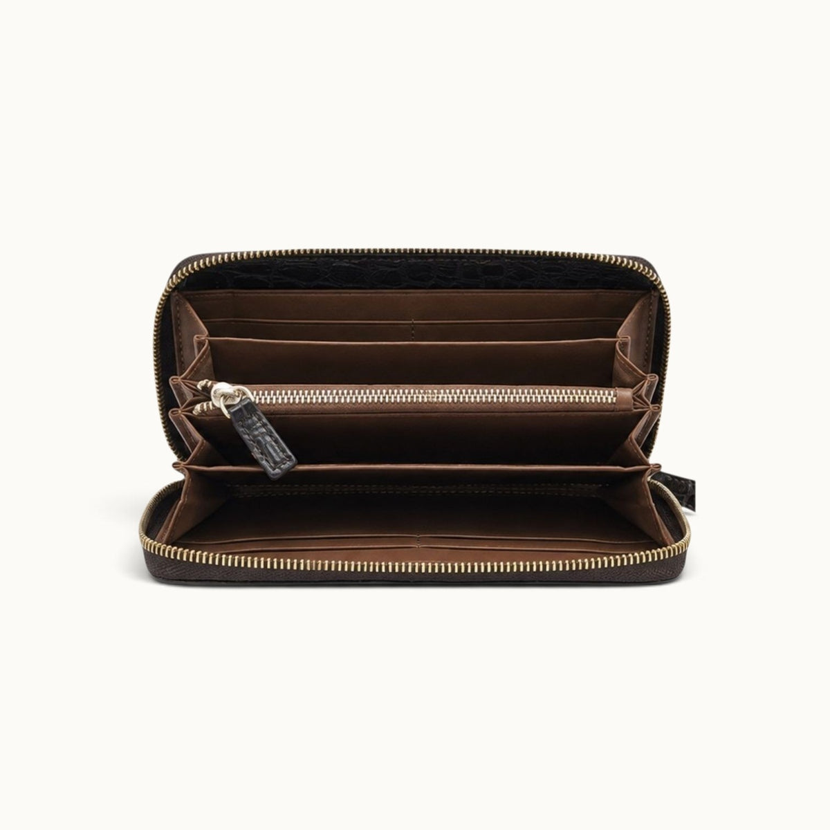 Front interior view of the Belvedere Siamese crocodile zip-around wallet showing lambskin lining, eight card slots, divided compartments, and central zip pocket