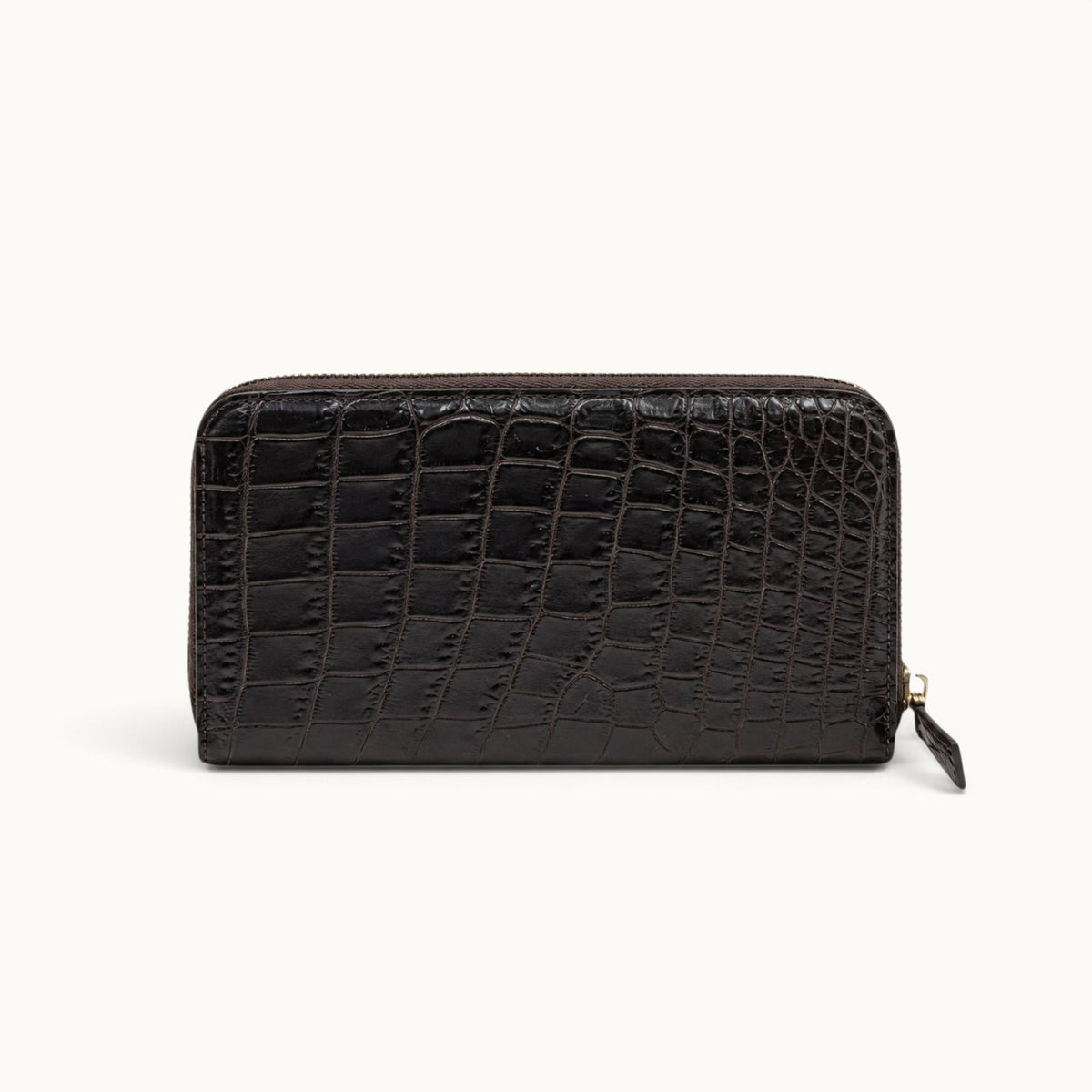 Back view of the Belvedere Siamese crocodile zip-around wallet in Nicotine Brown showing the natural crocodile scale pattern