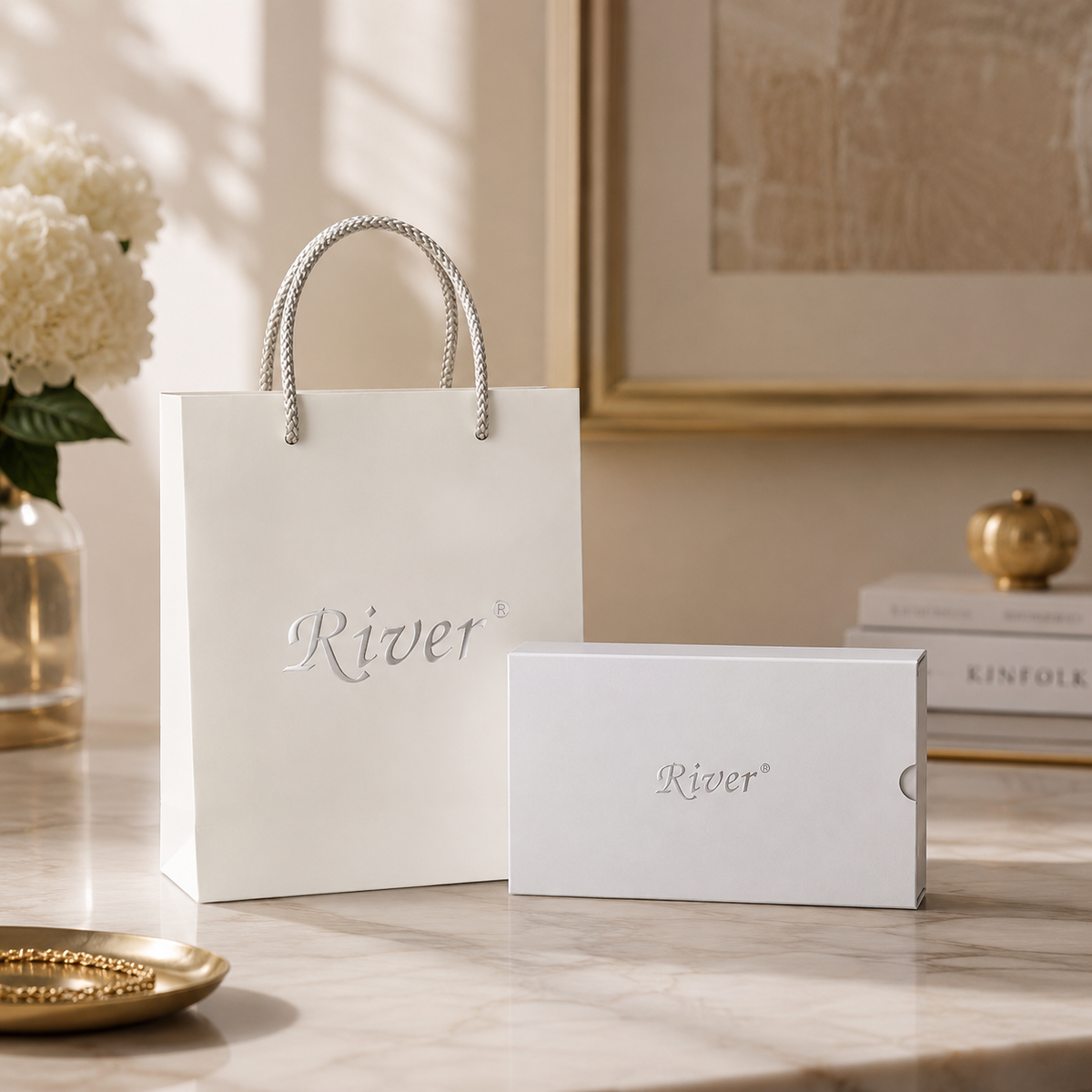 Belvedere Siamese crocodile zip wallet luxury River packaging with branded gift box and shopping bag in an elegant interior setting.