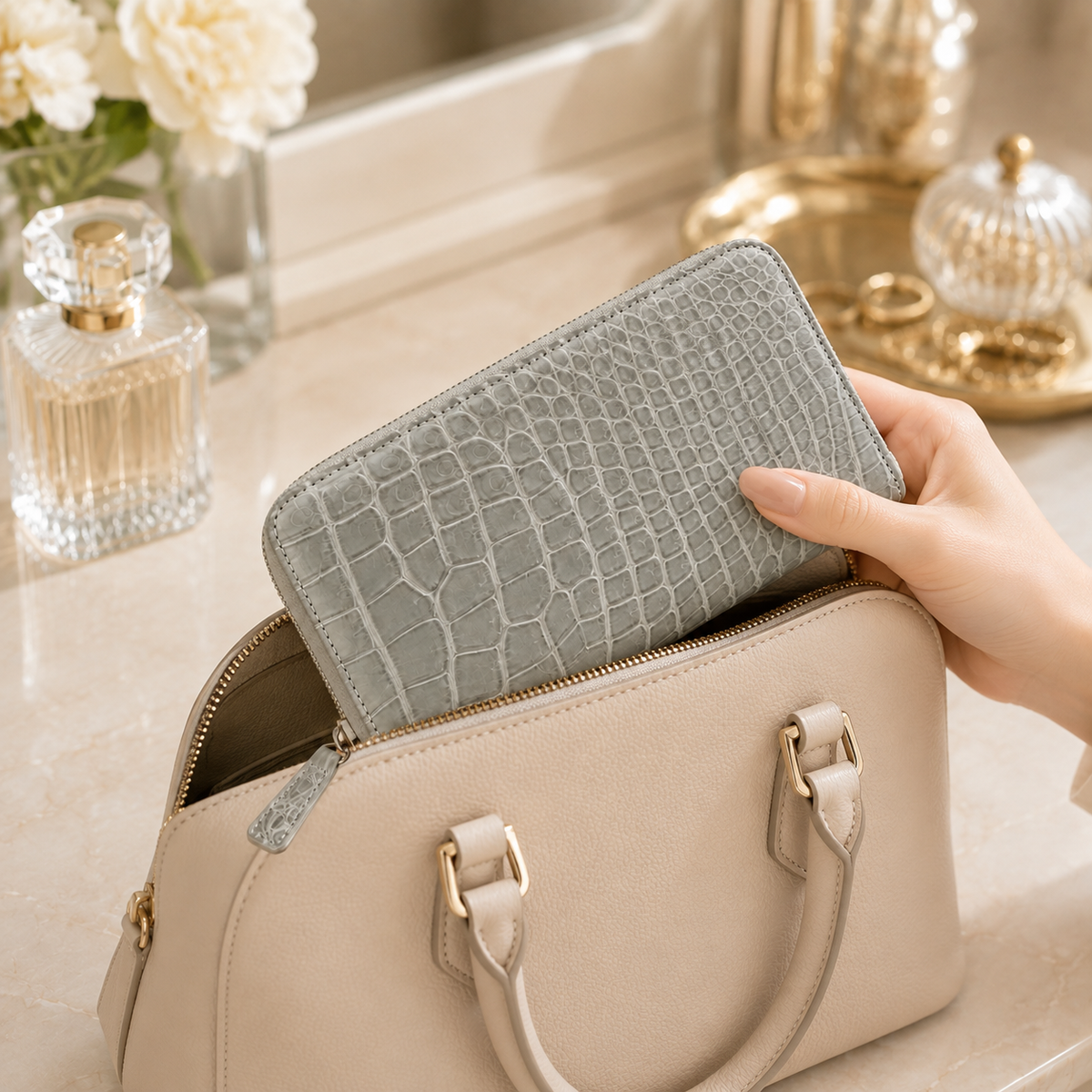 Belvedere Stone Gray Siamese crocodile zip-around wallet being removed from a luxury cream handbag in an elegant vanity setting