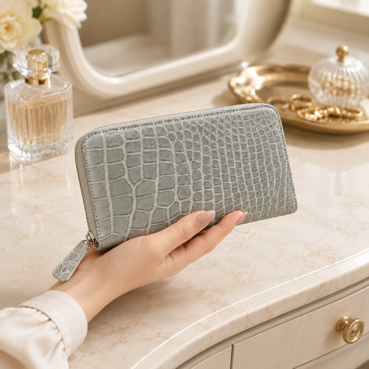 Belvedere Stone Gray Siamese crocodile zip-around wallet held by hand over a luxury cream marble vanity with gold accessories