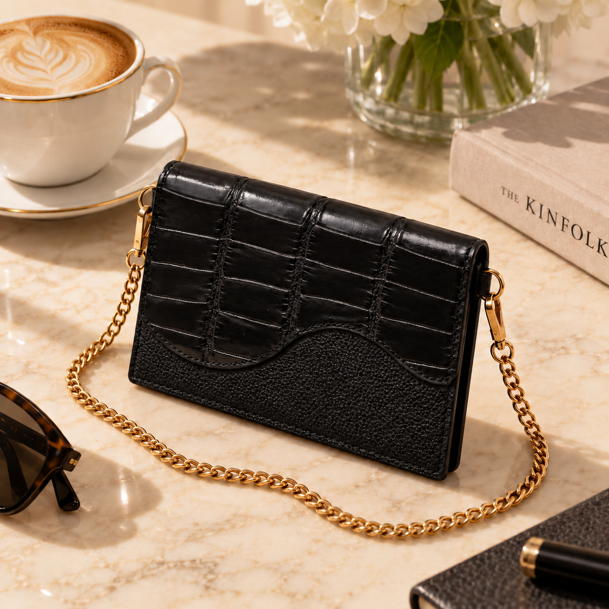 The Berkeley Crocodile Convertible Wallet in black with a gold chain strap styled on a marble table.
