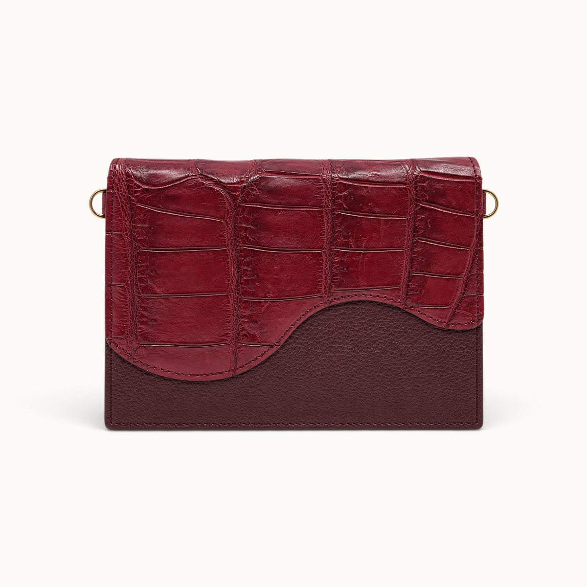 Front view of The Berkeley Crocodile Convertible Wallet in Burgundy with no straps attached.