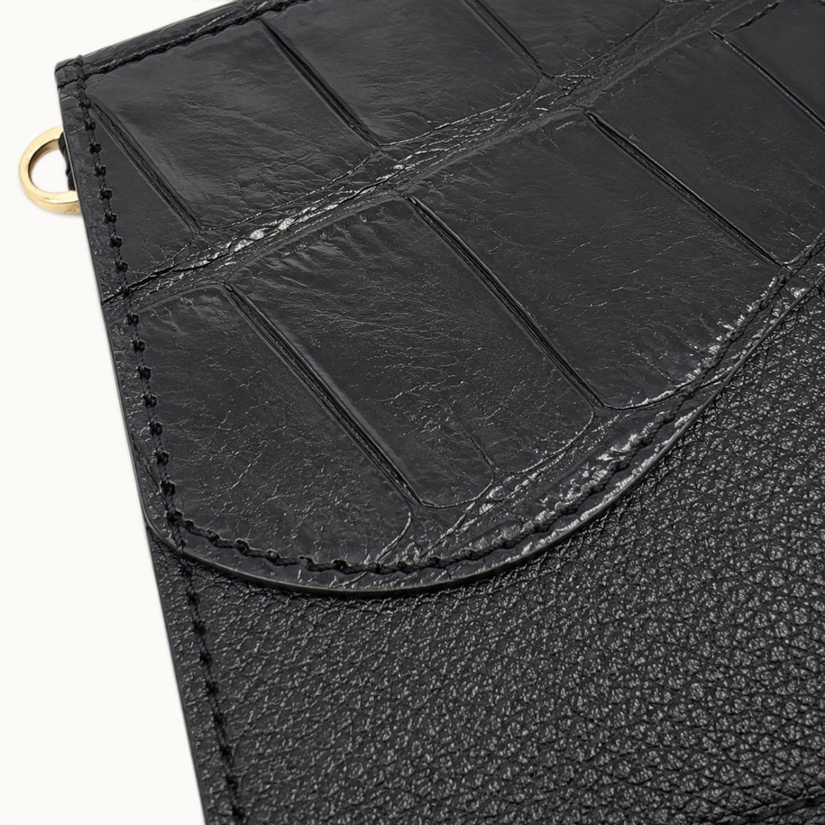 Close-up texture detail of The Berkeley Crocodile Convertible Wallet in Classic Black showing genuine Siamese crocodile scales, pebbled calf leather, and fine stitching.