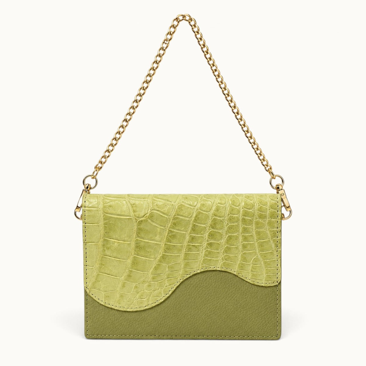 The Berkeley Crocodile Convertible Wallet in Lime Green with genuine Siamese crocodile leather and removable gold-tone chain.