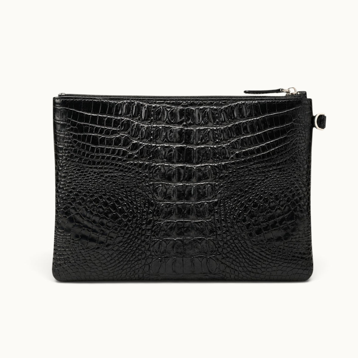 Black crocodile leather hand pouch showing the natural scale pattern across the reverse side