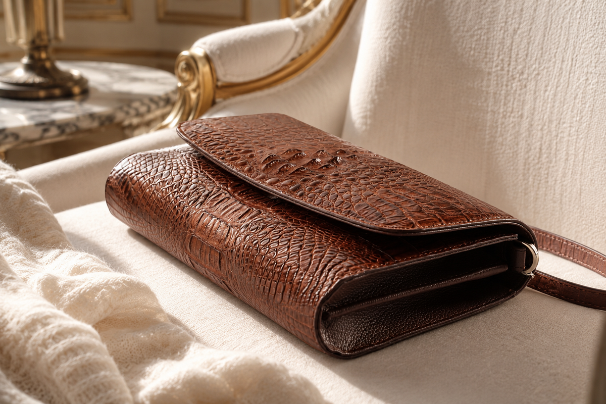 The Cavendish genuine caiman crocodile leather shoulder clutch in rich brown resting on a cream armchair, highlighting its natural scale texture, structured shape, and refined luxury craftsmanship.