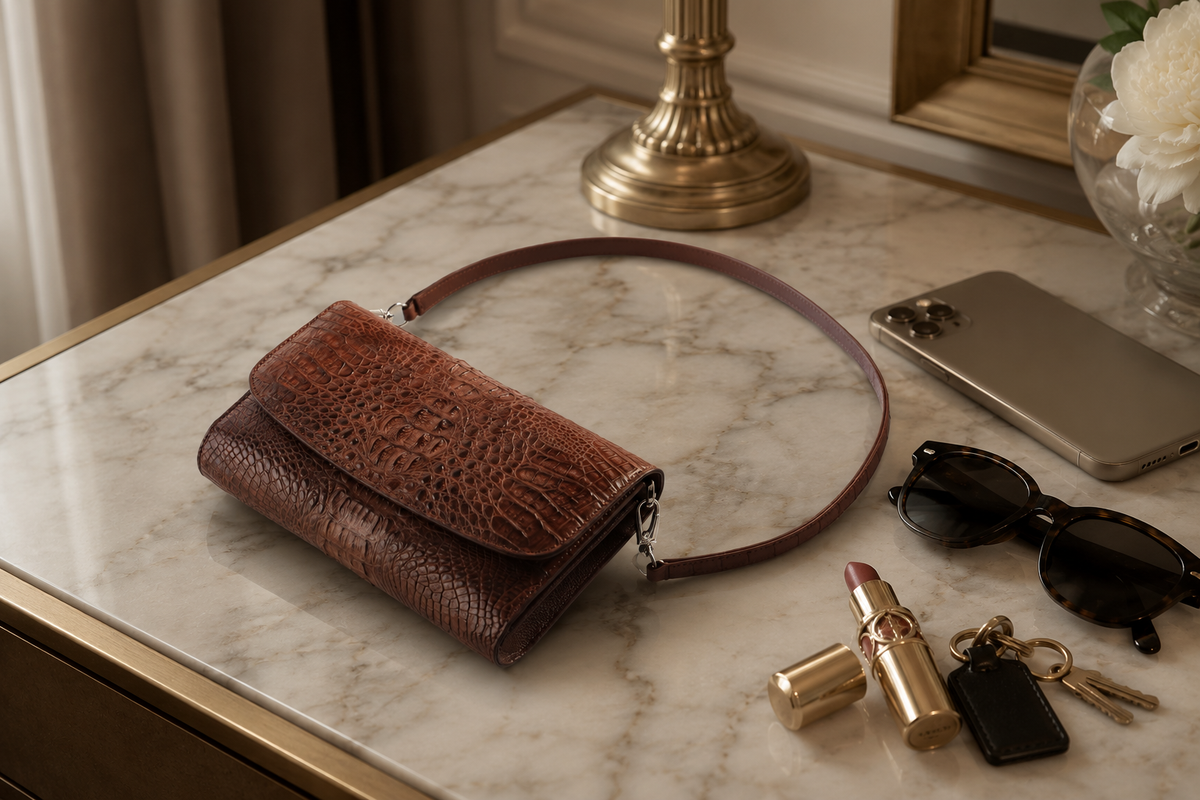 The Cavendish genuine caiman leather shoulder clutch in rich brown styled on a marble table with a phone, sunglasses, lipstick, keys, and detachable strap.
