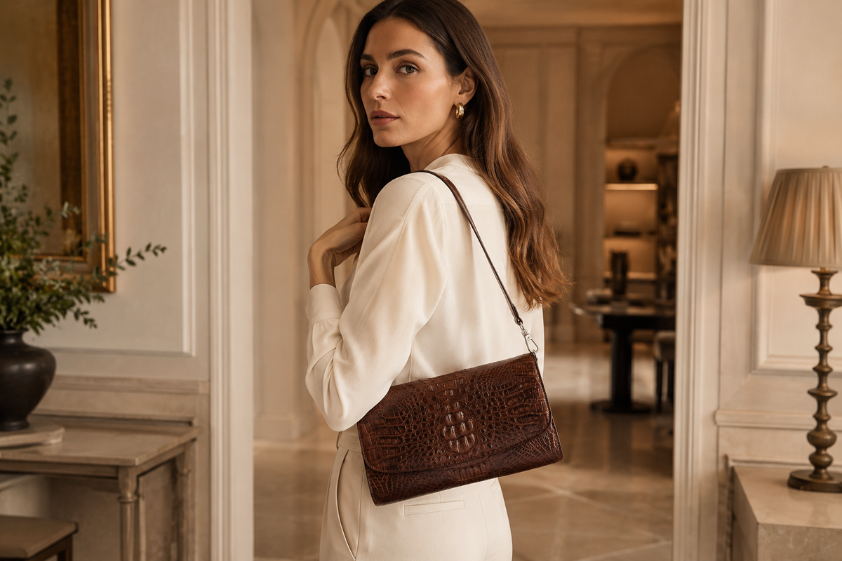 Woman wearing The Cavendish genuine caiman leather shoulder clutch in rich brown with a detachable strap in an elegant luxury interior.
