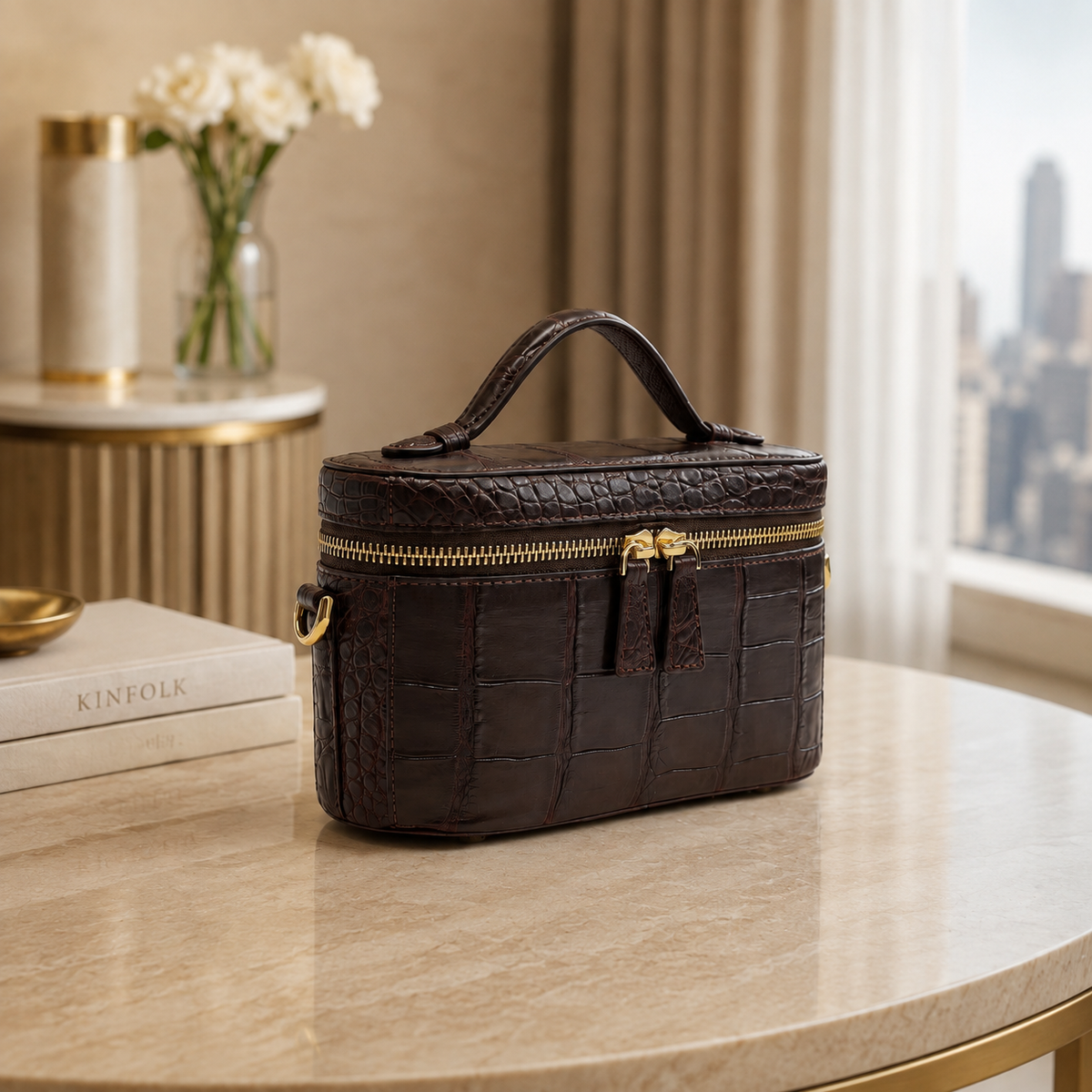 Bordeaux Clarendon genuine Siamese crocodile mini box bag styled in a luxury hotel suite with gold-tone hardware and structured top-handle design.