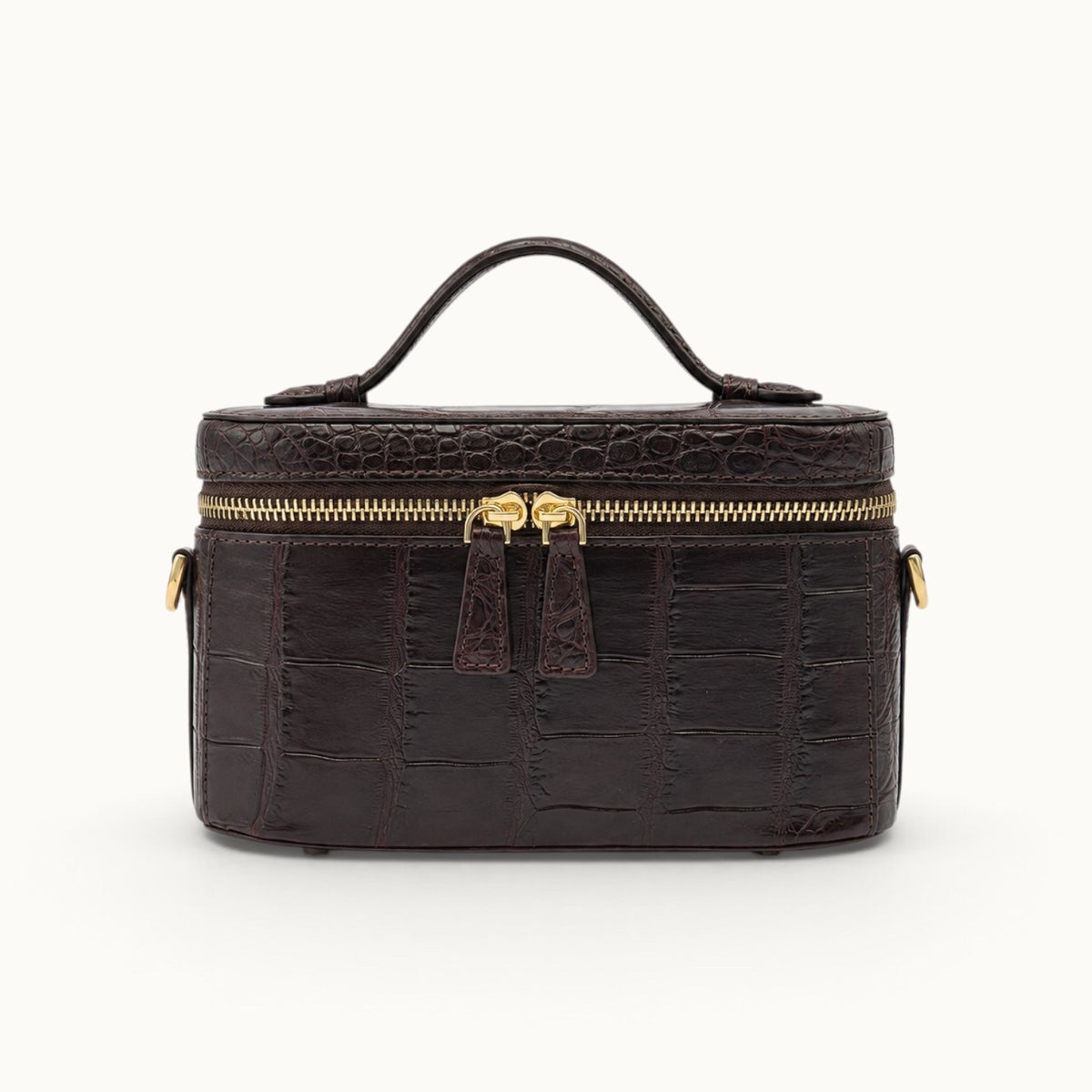 Front view of The Clarendon Bordeaux crocodile mini box handbag with genuine Siamese crocodile leather and gold-tone zipper.
