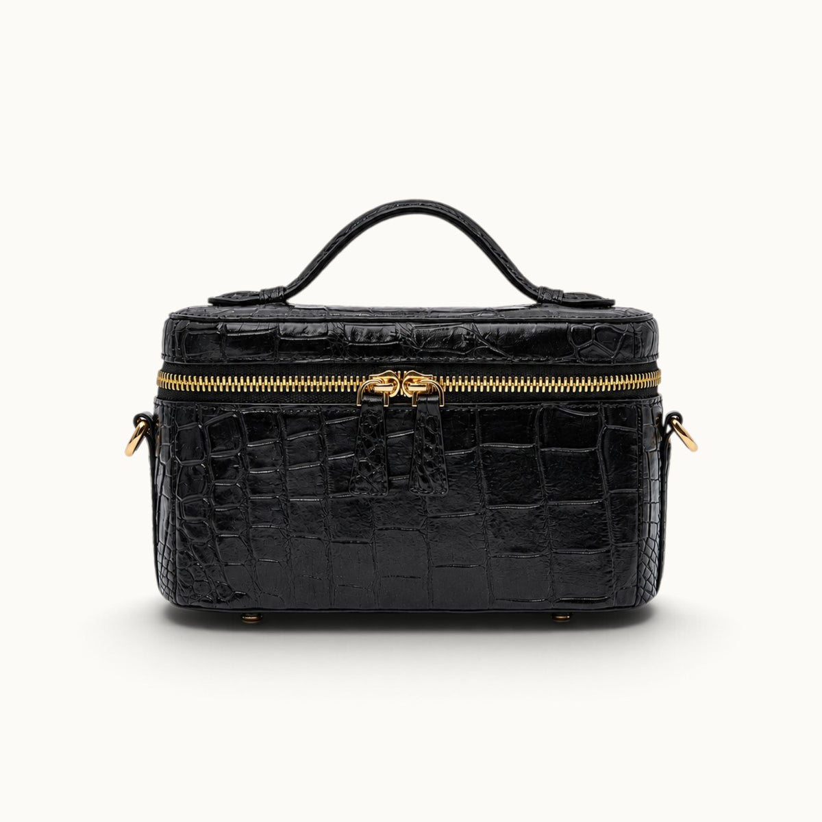 Front view of The Clarendon Classic Black genuine Siamese crocodile mini box bag with luxury gold-tone hardware.