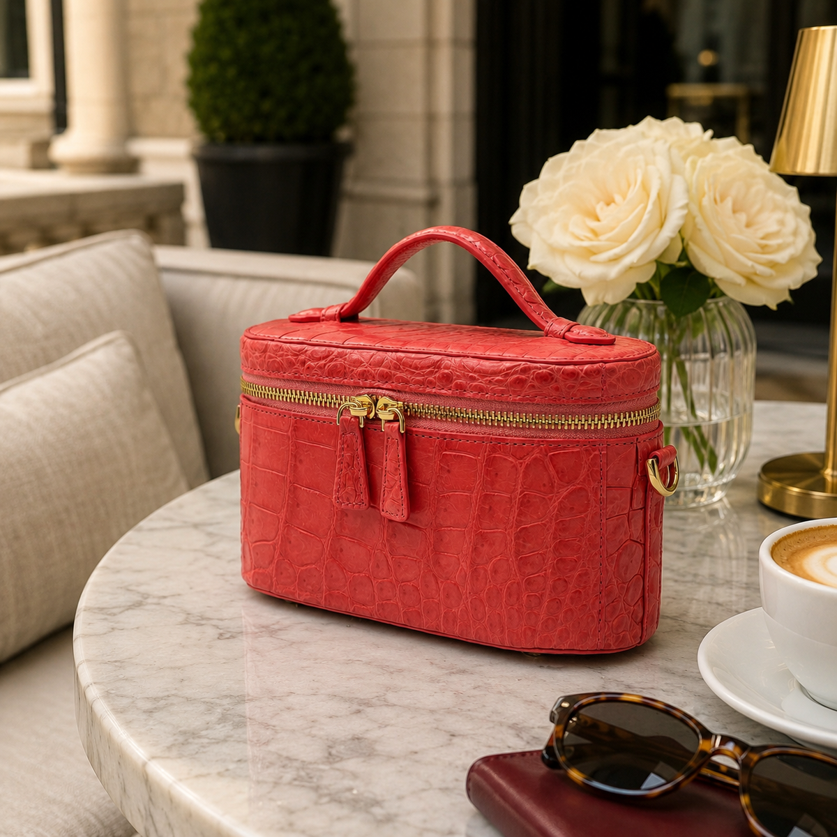 Coral Red Clarendon crocodile mini box bag styled on a marble café table, featuring a structured Siamese crocodile leather silhouette, top handle, double gold-tone zipper pulls, and elegant day-to-evening luxury styling.