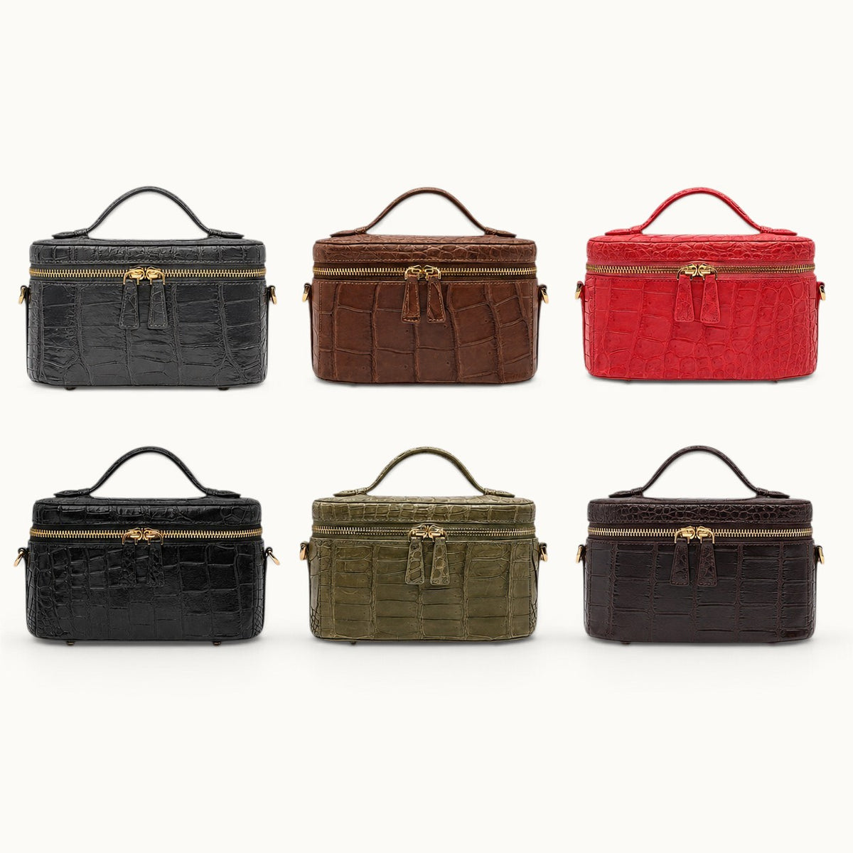 The Clarendon genuine Siamese crocodile mini box bag shown in six colors including Classic Black, Gunmetal Gray, Cocoa Brown, Bordeaux, Sage Olive, and Coral Red with gold-tone hardware and structured top handles.