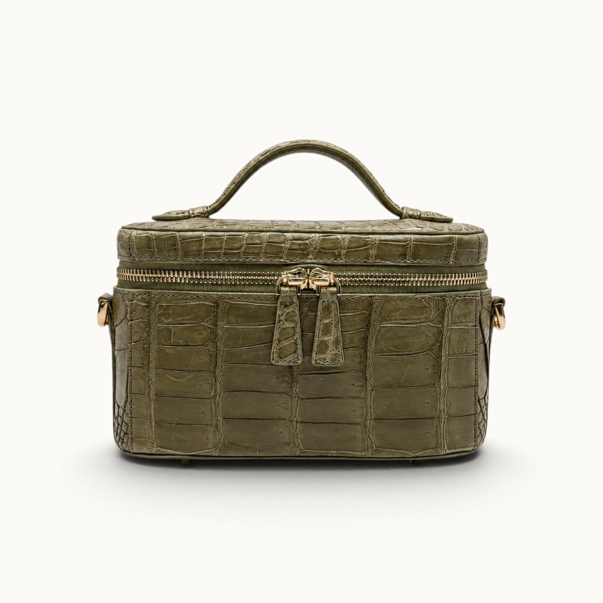 Front view of The Clarendon Sage Olive genuine Siamese crocodile mini box bag with gold-tone YKK zipper and top handle.