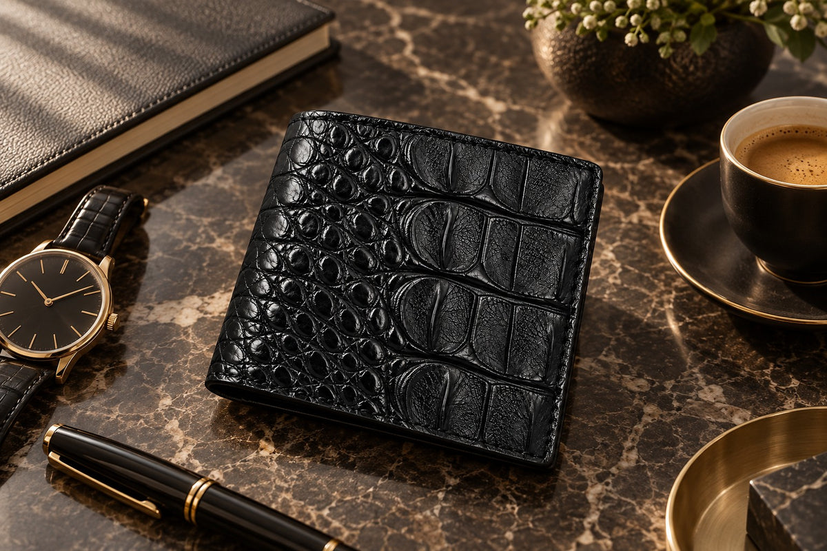The Compact Crocodile Wallet in Classic Black styled with a watch, fountain pen, journal and coffee on a marble desk
