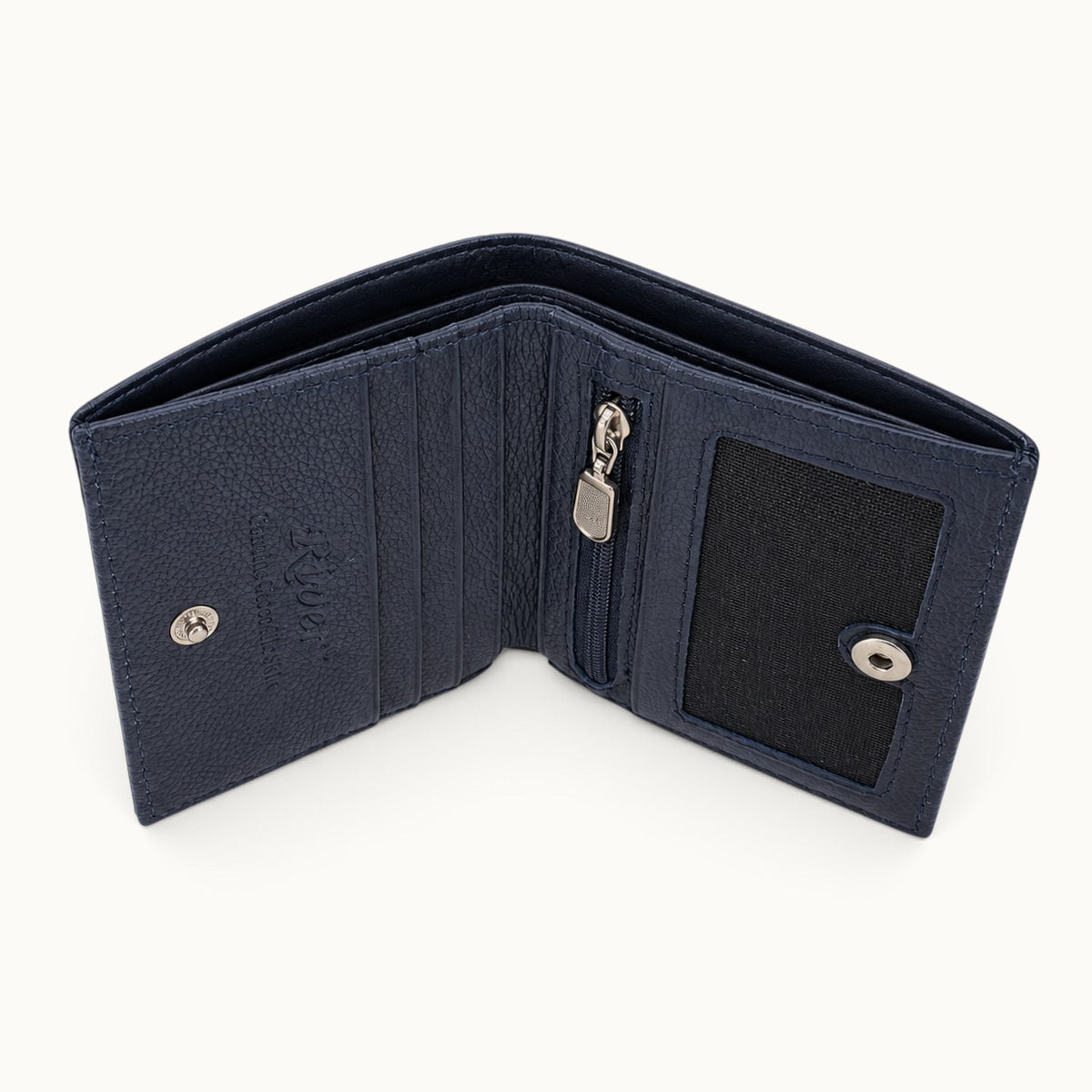 Top construction view of The Compact Crocodile Wallet in Deep Navy showing its bifold structure and interior compartments