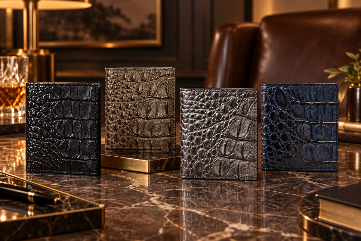 The Compact Crocodile Wallet collection in Graphite Gray, Taupe Green, Deep Navy and Classic Black displayed in a luxury interior