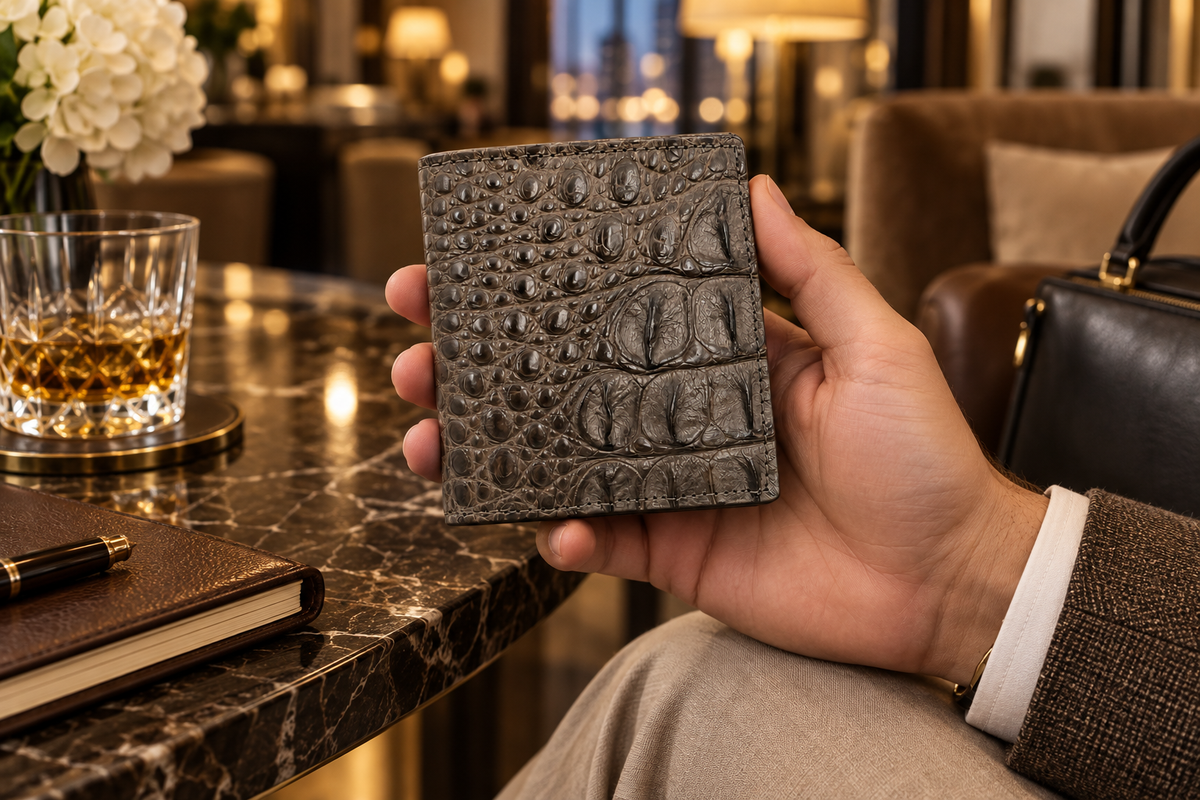 The Compact Crocodile Wallet in Taupe Green held in hand in a refined lounge setting, showing its compact size and everyday portability