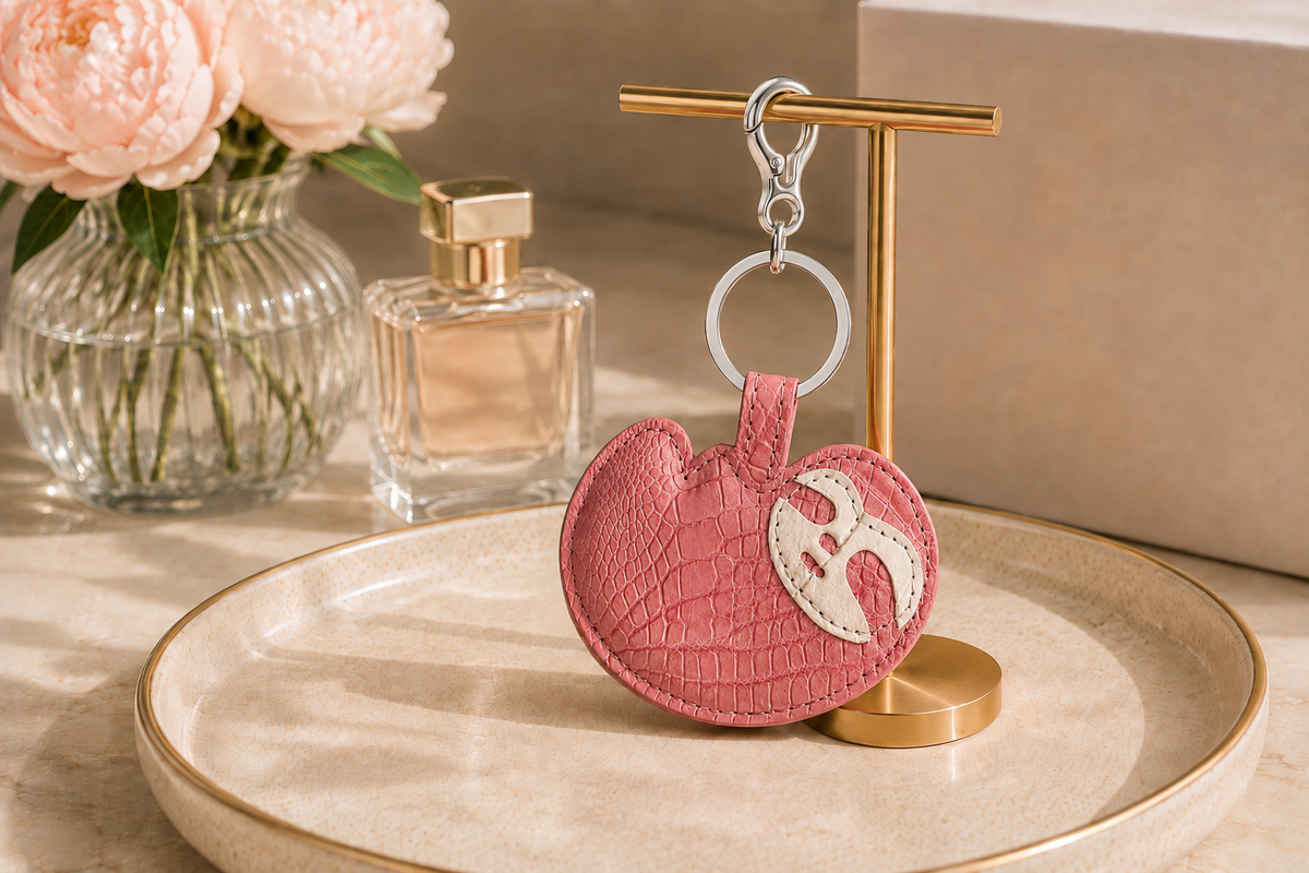Blush Pink Crocodile Palette Bag Charm displayed on a gold stand in a refined vanity setting