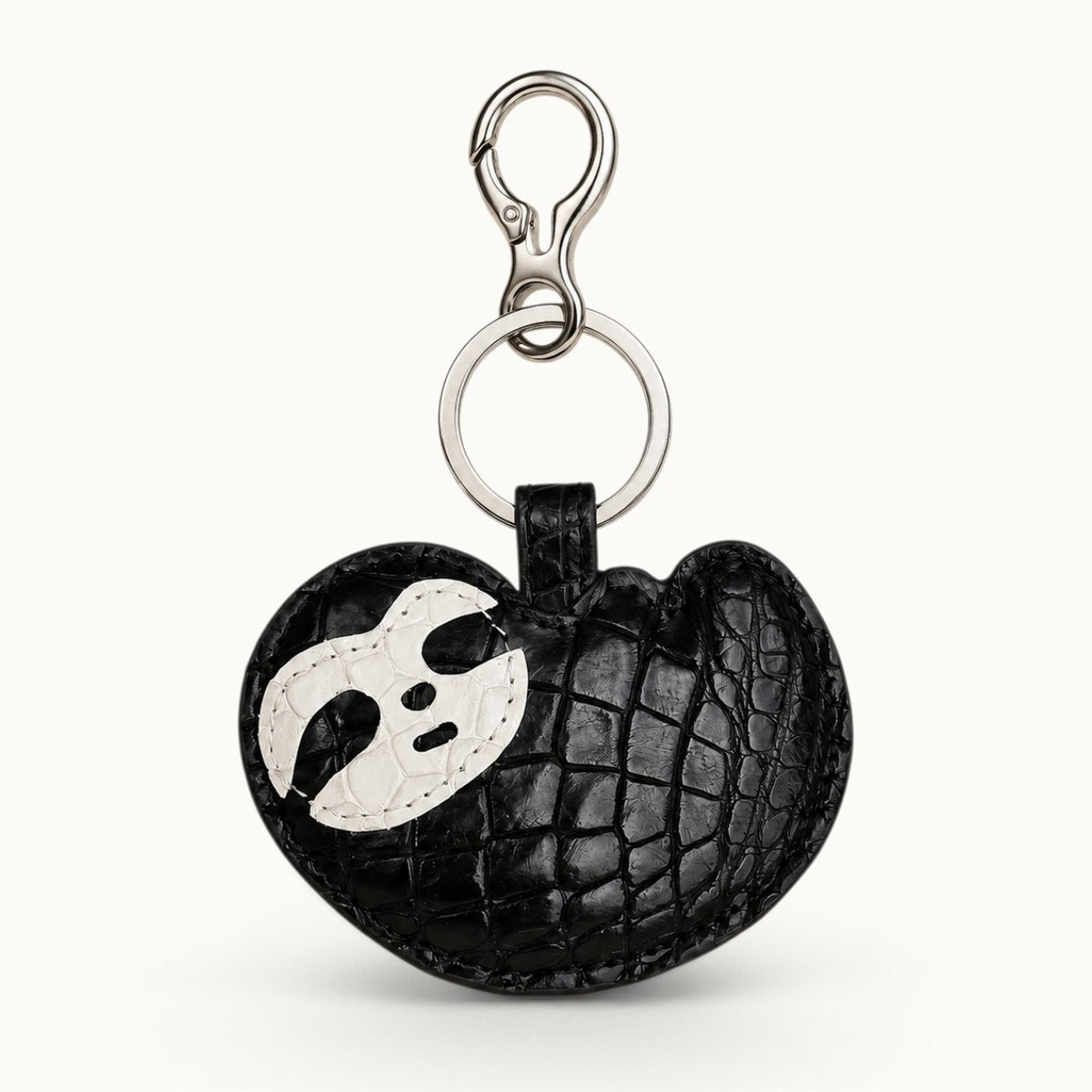 Jet Black Crocodile Palette Bag Charm with white mask motif and polished silver-tone hardware