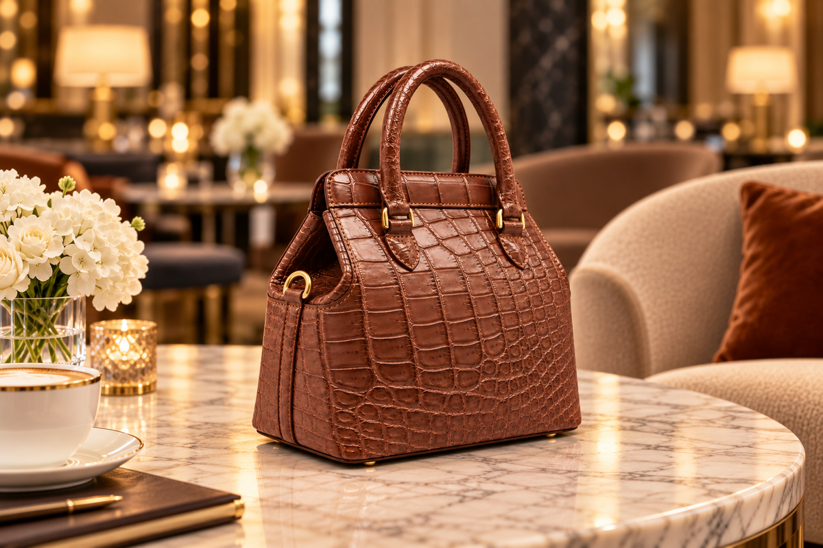 The Ellery Crocodile Handbag in Cocoa Brown displayed on a marble table in an elegant luxury lounge.