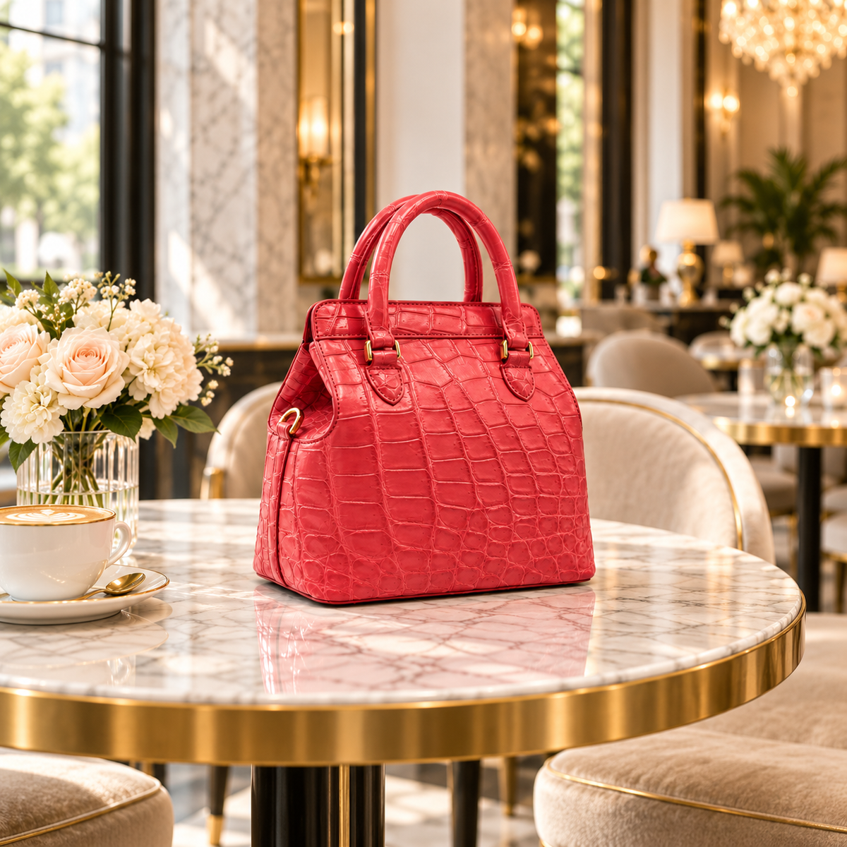 The Ellery Crocodile Handbag in Coral Pink displayed on a marble table in an elegant luxury lounge, featuring natural crocodile scales, rolled handles, and gold-tone hardware.