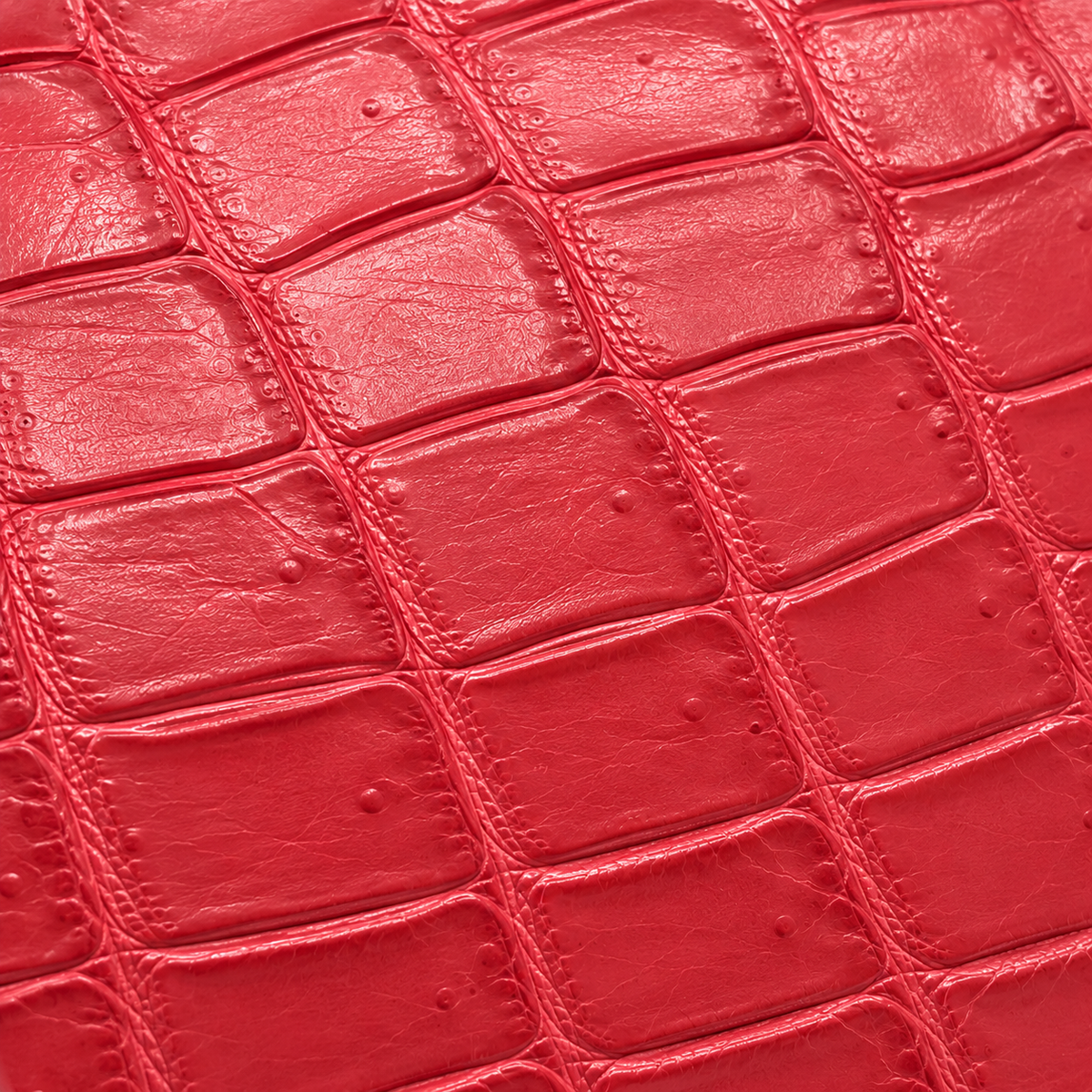 Close-up of The Ellery Crocodile Handbag's Coral Pink leather, highlighting the distinctive crocodile scale pattern and natural surface texture.