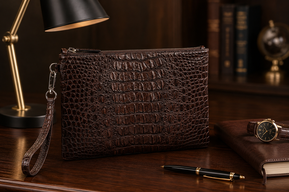 Espresso brown crocodile leather clutch in a luxury office setting with wrist strap, watch and writing accessories