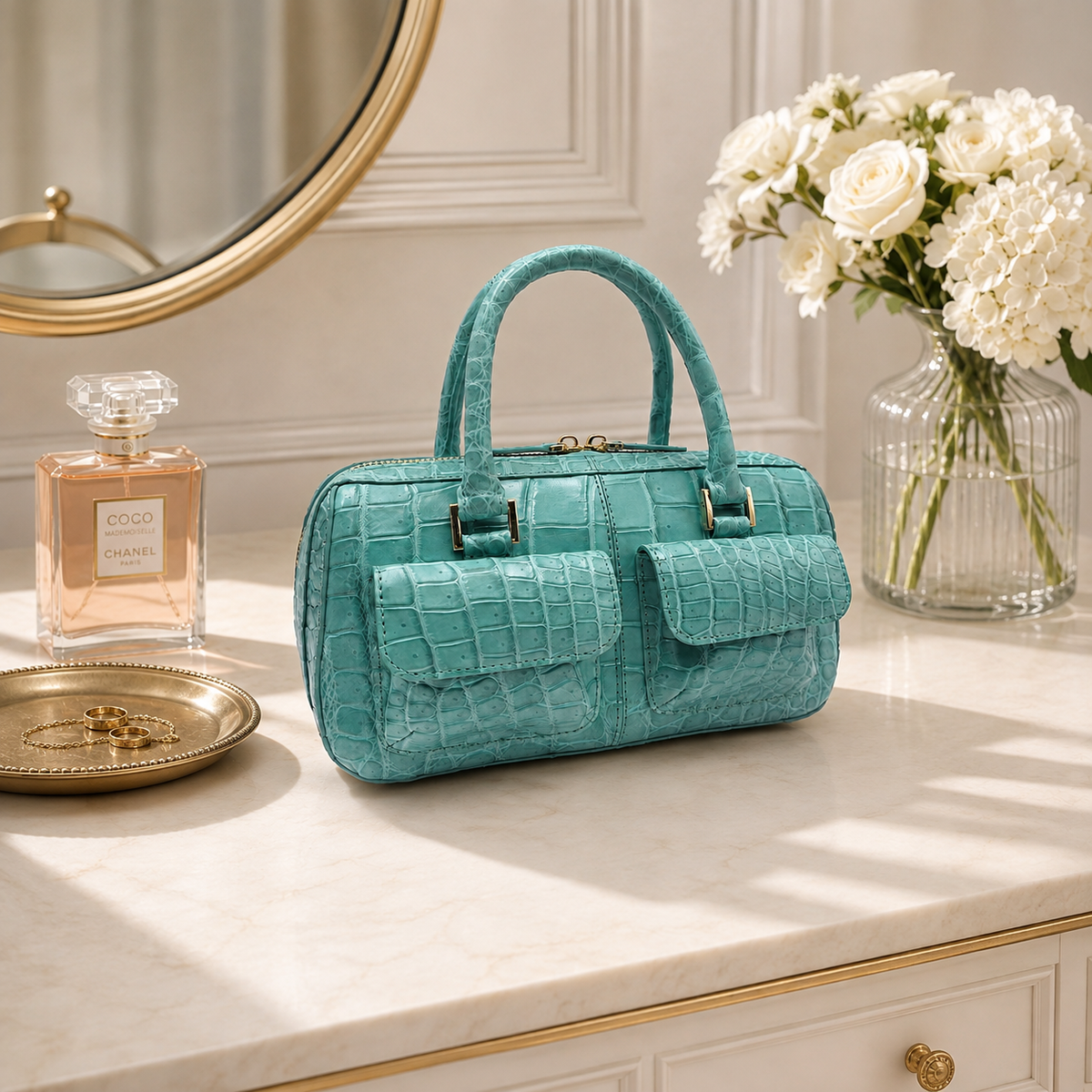 Fairmont Siamese crocodile handbag in Seafoam Green styled on a luxury vanity with perfume, white flowers, mirror, and gold accents.