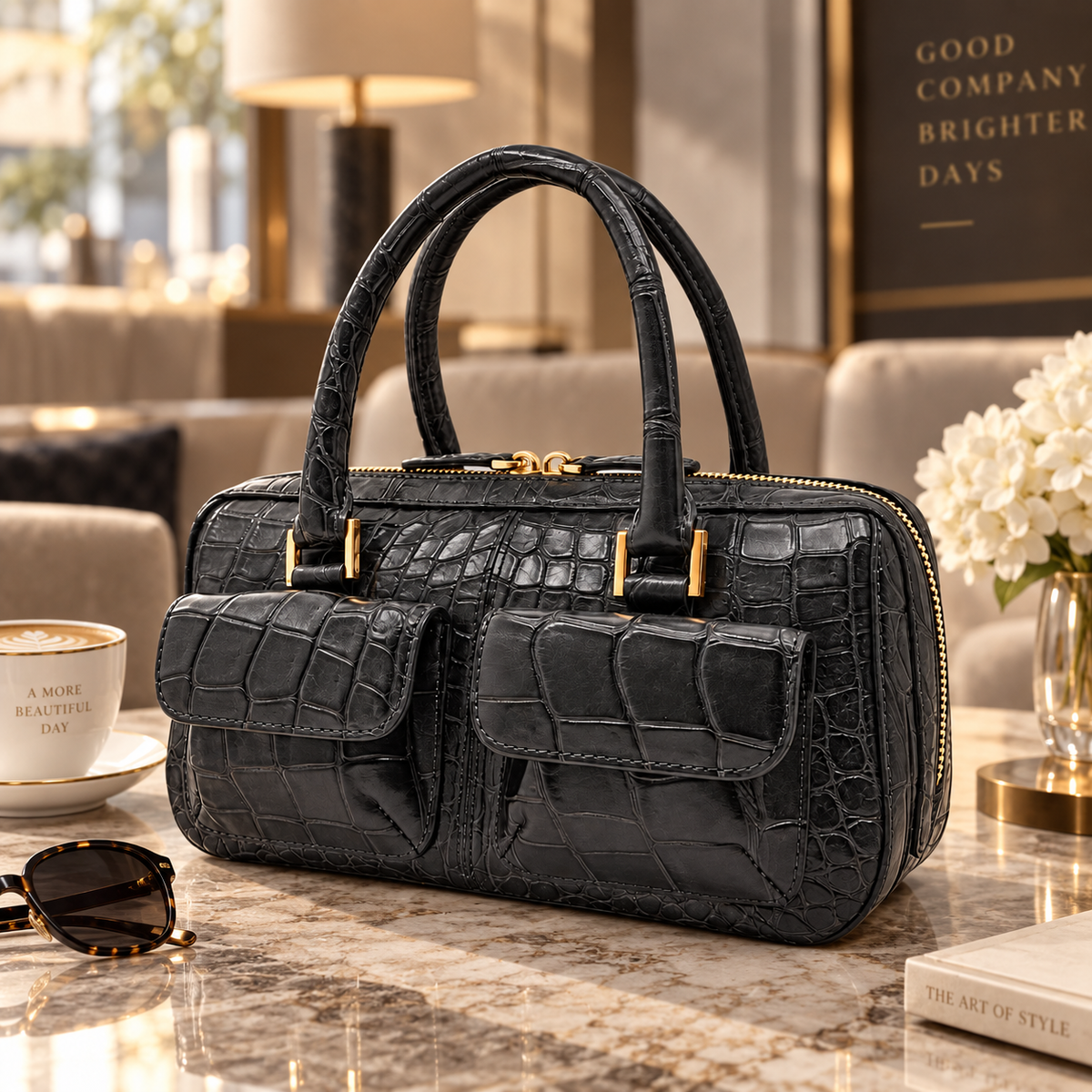 The Fairmont Crocodile Handbag in gunmetal styled on a marble table in an elegant luxury lounge setting with gold-tone hardware and structured front pockets.