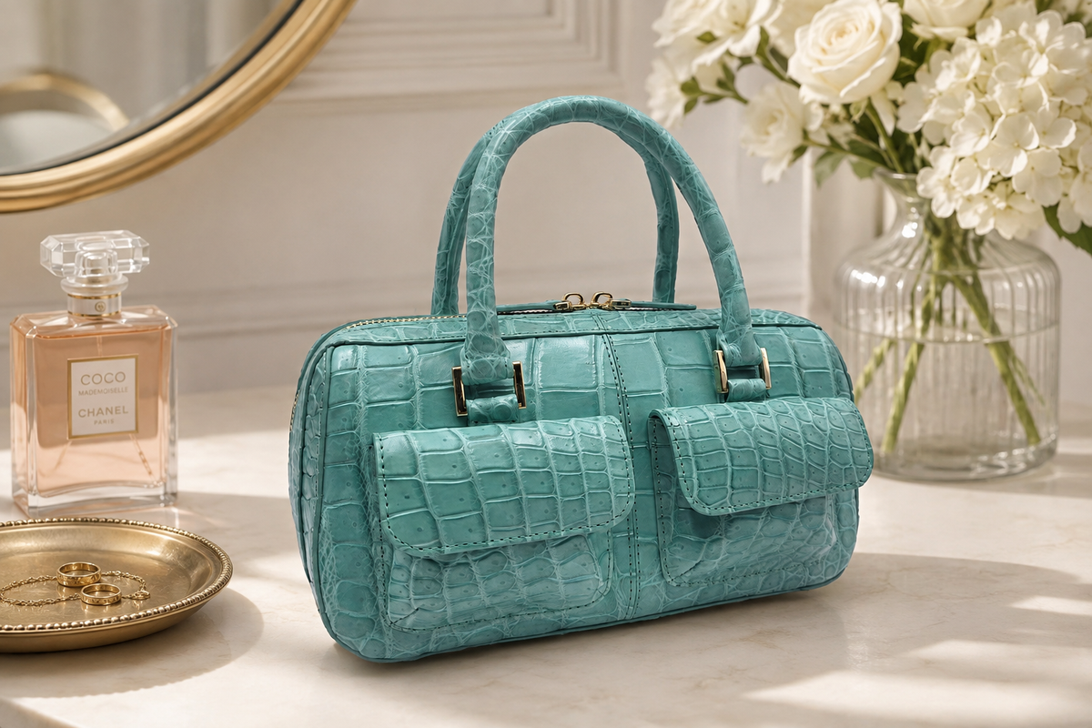 Fairmont Siamese crocodile handbag in Seafoam Green displayed on a cream vanity with white flowers, perfume and gold accents.