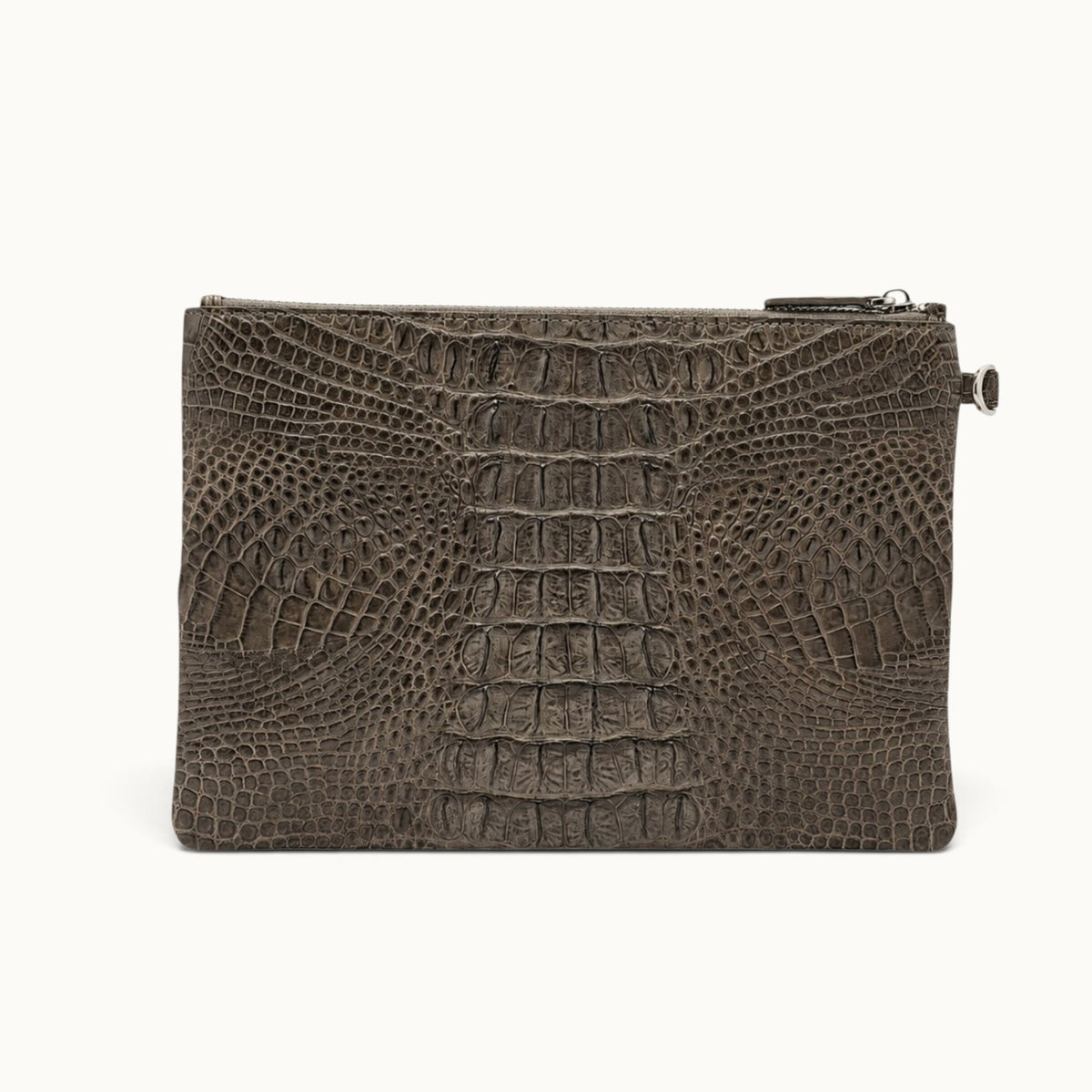 Back view of a taupe green crocodile leather pouch highlighting natural scale variation