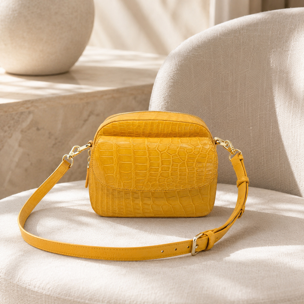Grosvenor Siamese crocodile crossbody bag resting on a cream chair with its adjustable crocodile leather strap displayed.