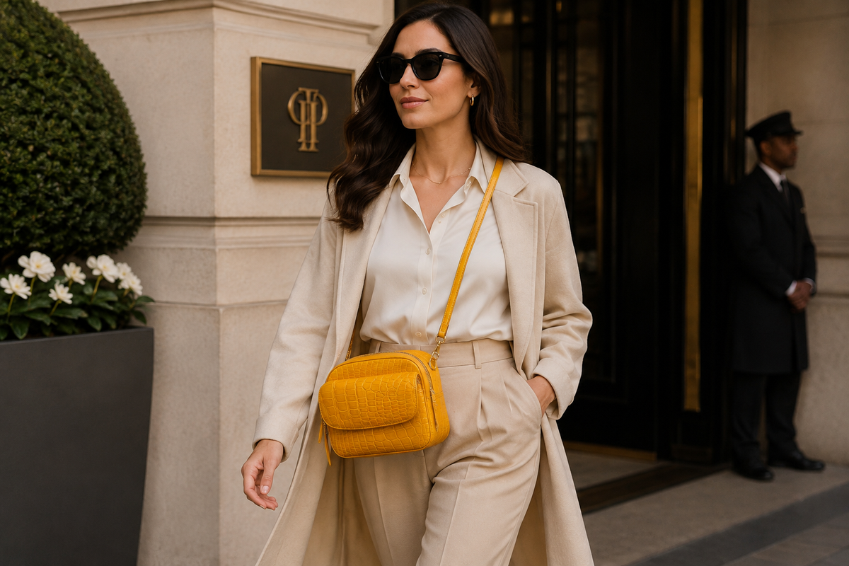 Woman wearing the Grosvenor genuine Siamese crocodile crossbody bag outside a luxury hotel.