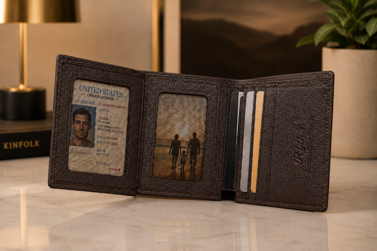 Herrington genuine Siamese crocodile trifold wallet open in an elegant interior, showing dual mesh ID windows, card slots, and full-grain leather craftsmanship.