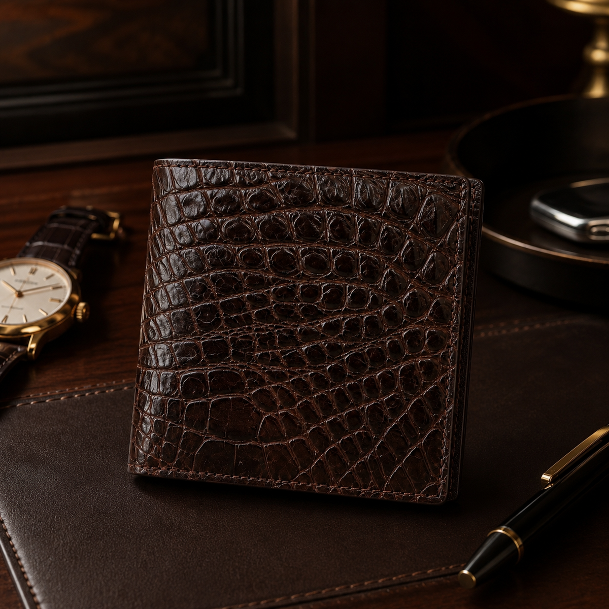 Herrington Espresso Brown Siamese crocodile trifold wallet styled on a luxury desk with a classic watch and pen, highlighting its natural scale pattern and refined craftsmanship.