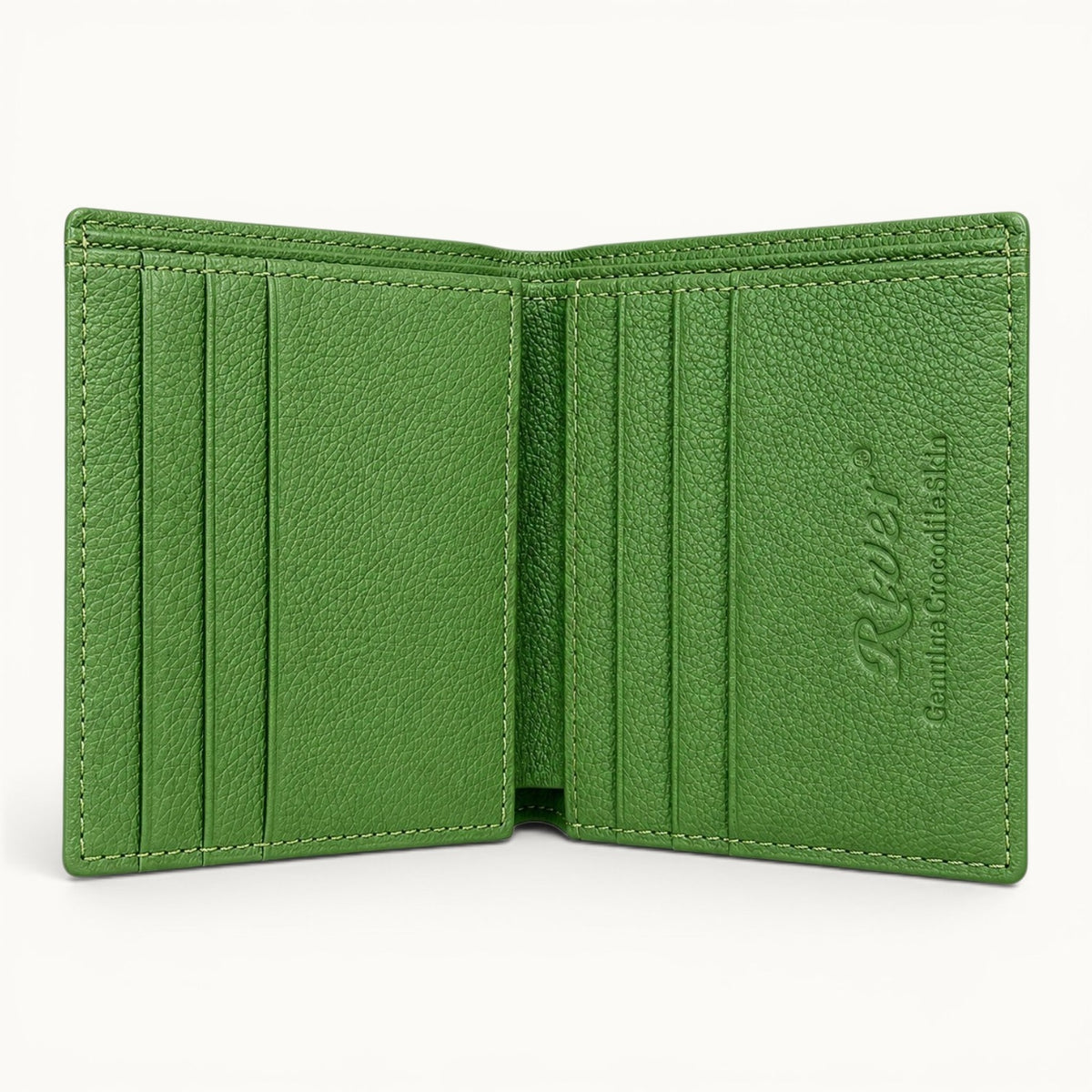 Herrington Lime Green trifold wallet open to reveal its full-grain cow leather interior, six card slots, dual cash compartments, and embossed River branding.